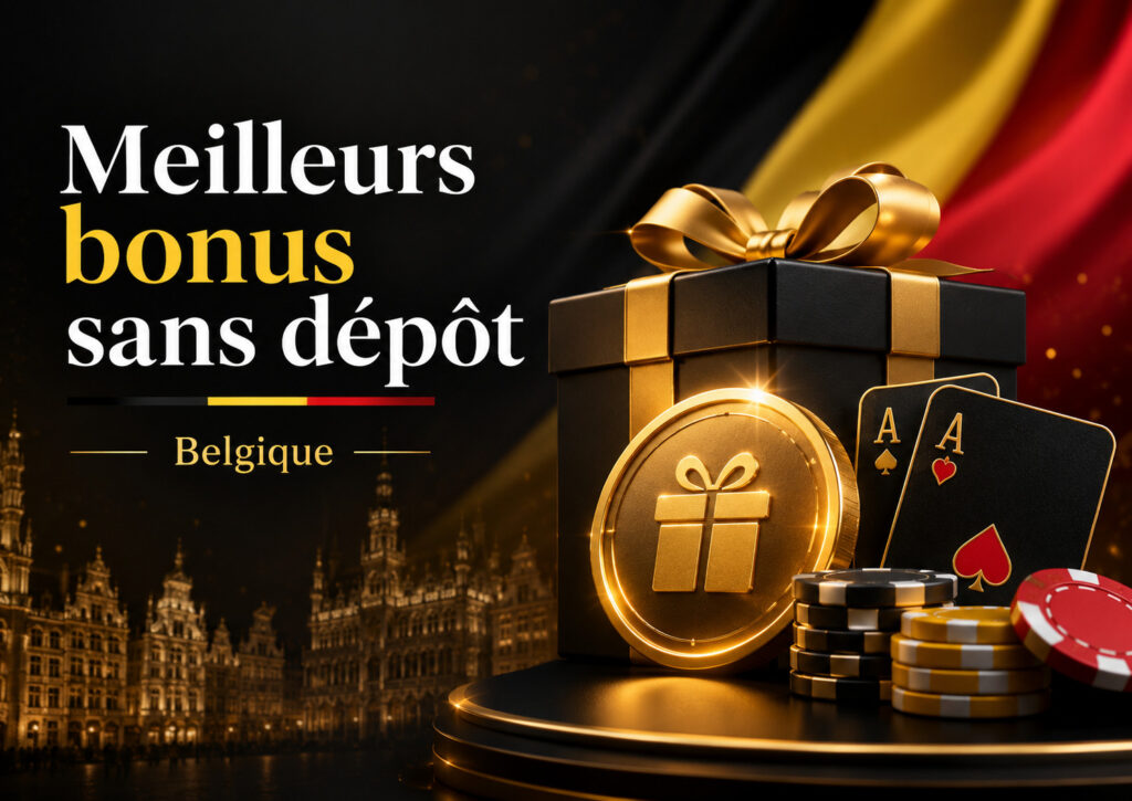 Promotional banner in French: 'Meilleurs bonus sans dépôt Belgique' with a gold gift box, coins and playing cards.