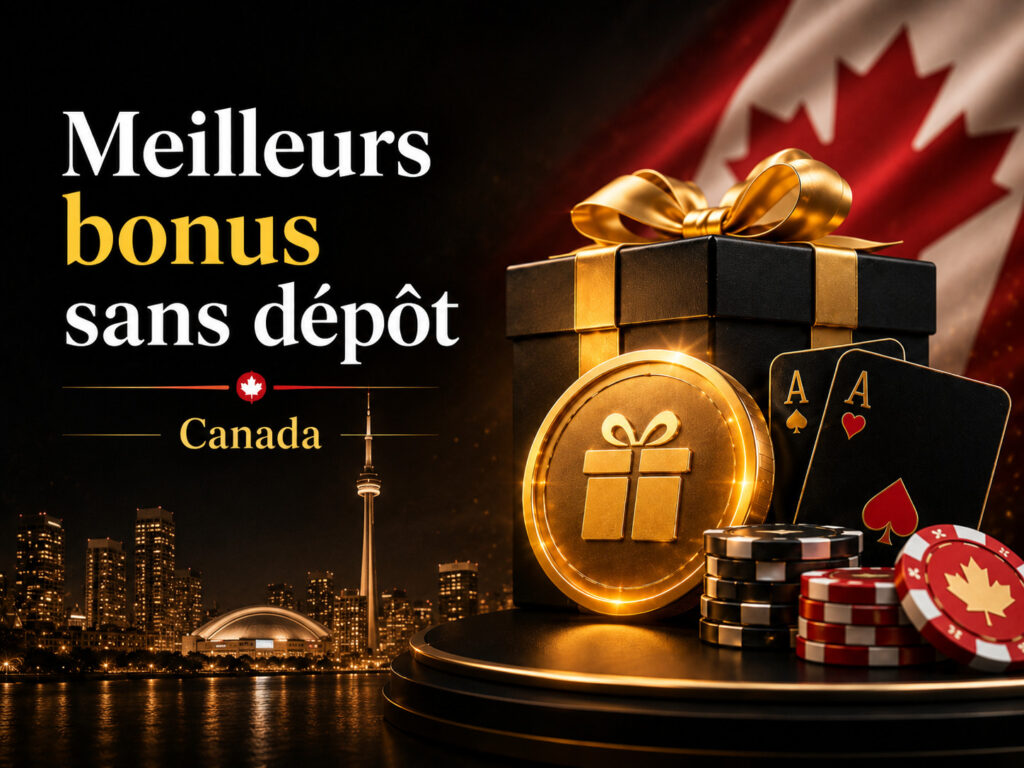 French promo banner: 'Meilleurs bonus sans dépôt' for Canada with a gold gift box, casino chips, playing cards, and a Canadian flag over a city skyline at night.