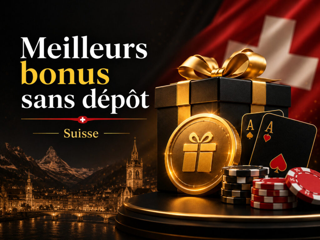 Promotional banner: ‘Meilleurs bonus sans dépôt’ for Switzerland, featuring a gold gift box, coins, and casino chips against a Swiss city backdrop.