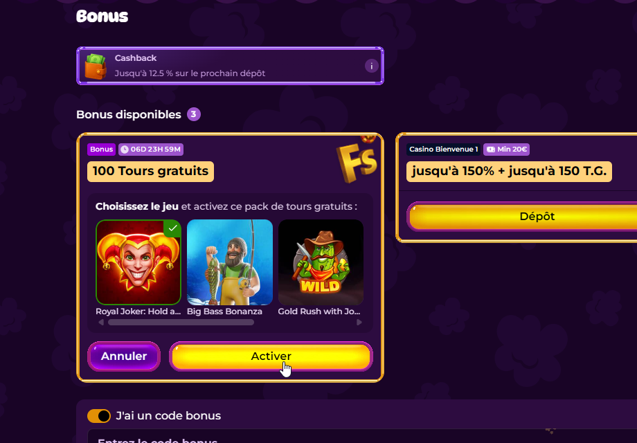 Bonus section with purple framed panel: '100 Tours gratuits' and three game icons, with Activate/Cancel buttons, on a dark purple background.