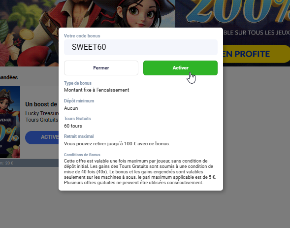 Popup offering bonus code SWEET60 with a green Activate button; includes terms like 60 free spins, withdrawal limits, and conditions.