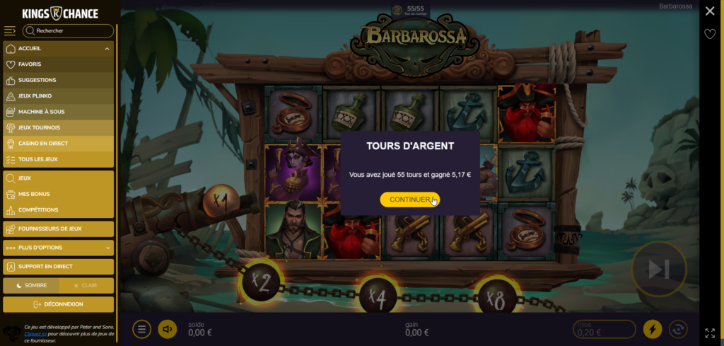 Slot machine game interface with tropical background, colorful side menu on the left and 'Silver Spins' pop-up window in the center.