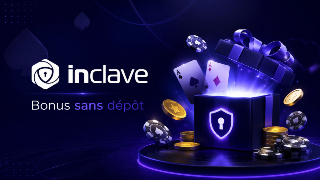 Brand banner for Inclave promoting a 'No Deposit Bonus' with a glowing gift box, cards and poker chips in blue tones.